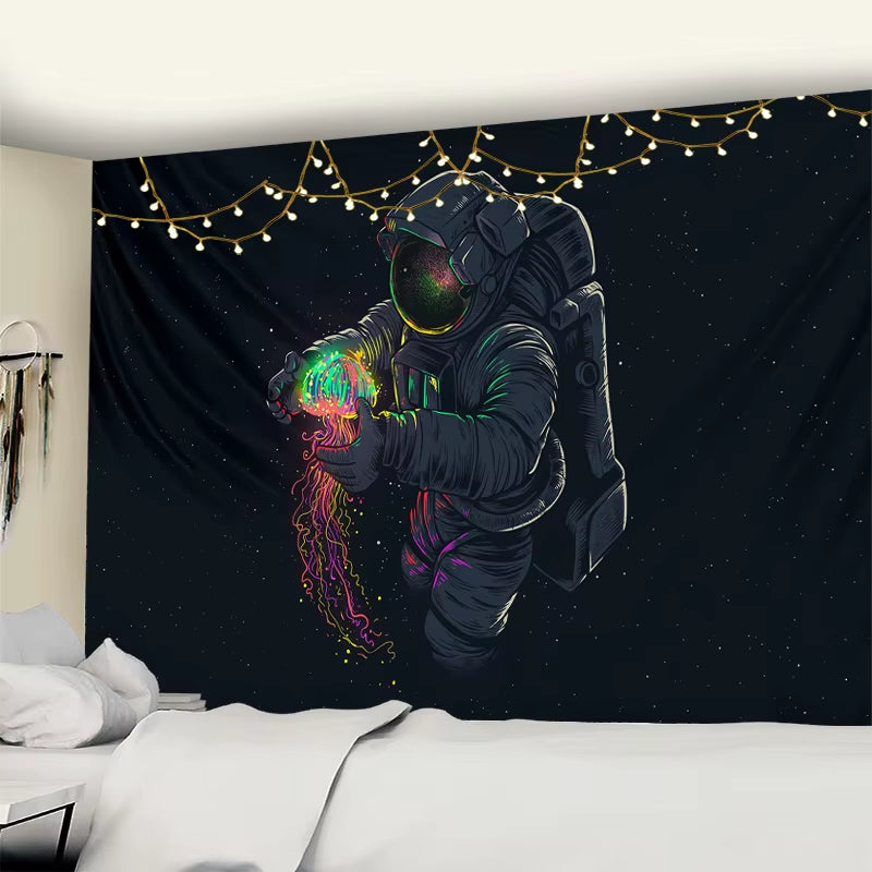 Astronaut Wall Tapestry with Black Background Colour Jellyfish Interstellar Sky Tapestry Wall Hnaging Hippie Boho Dorm Decor