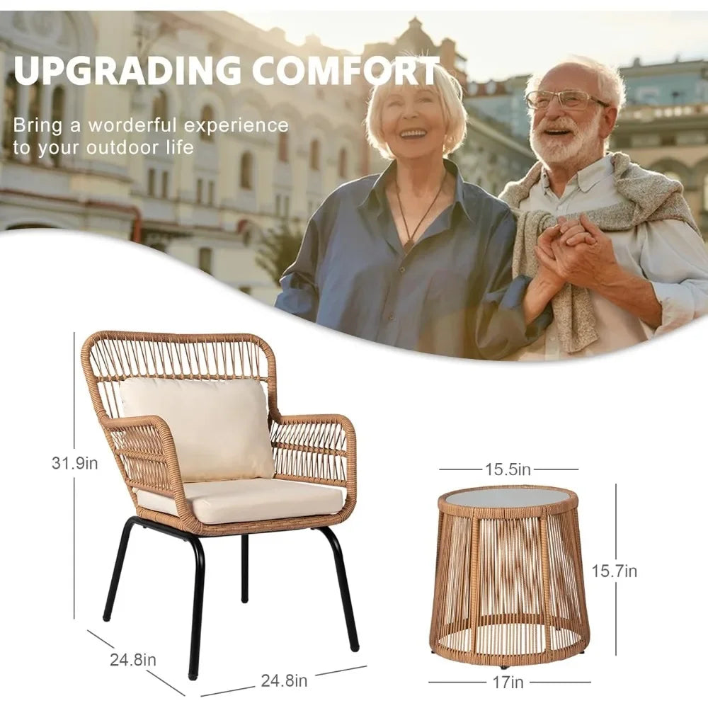 3 Piece Outdoor Wicker Furniture Bistro Set, Rattan Chairs Conversation Sets Porch Furniture, Wicker Patio Furniture