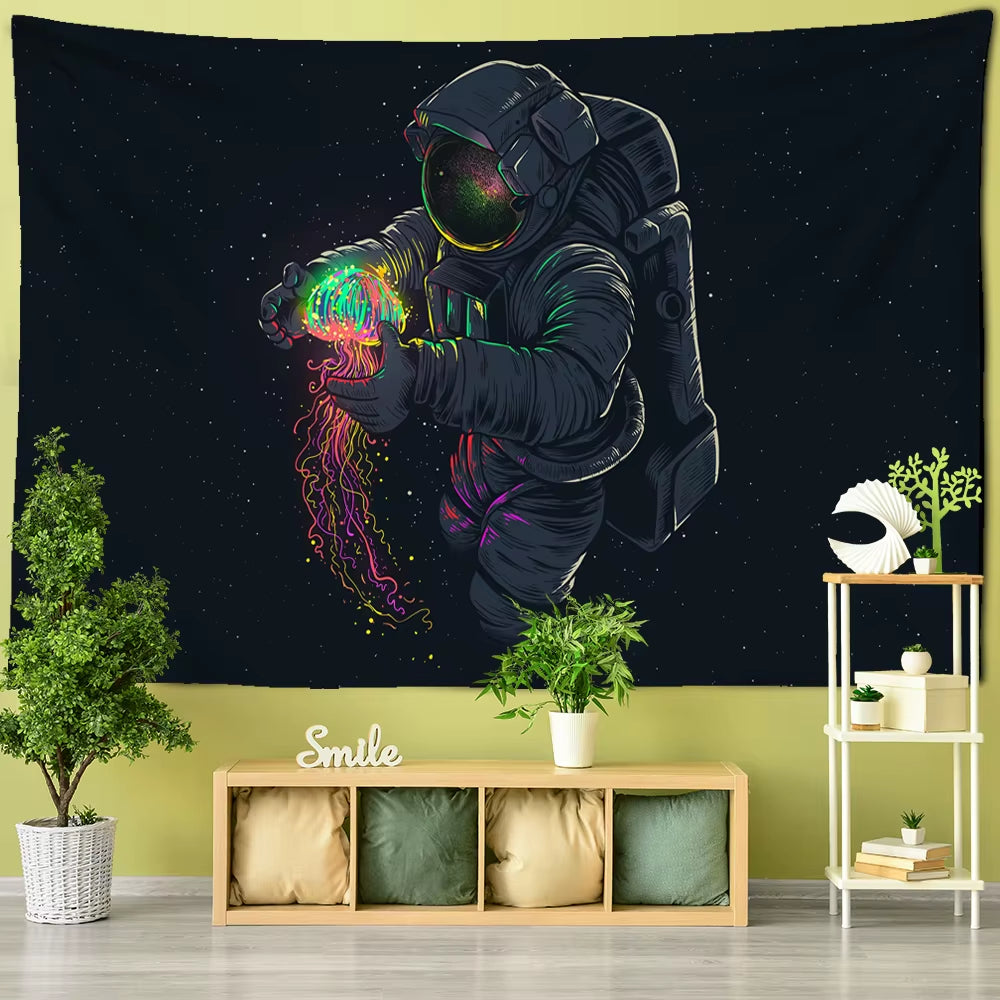 Astronaut Wall Tapestry with Black Background Colour Jellyfish Interstellar Sky Tapestry Wall Hnaging Hippie Boho Dorm Decor