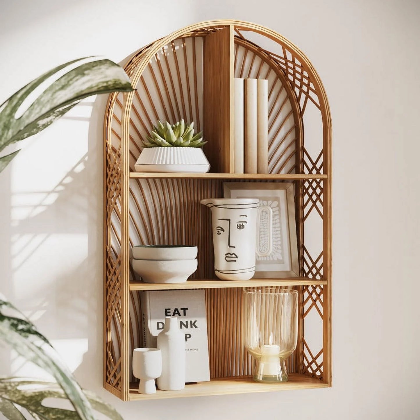 Harmony Brown Arch Rattan Boho Tiered Wall Shelf