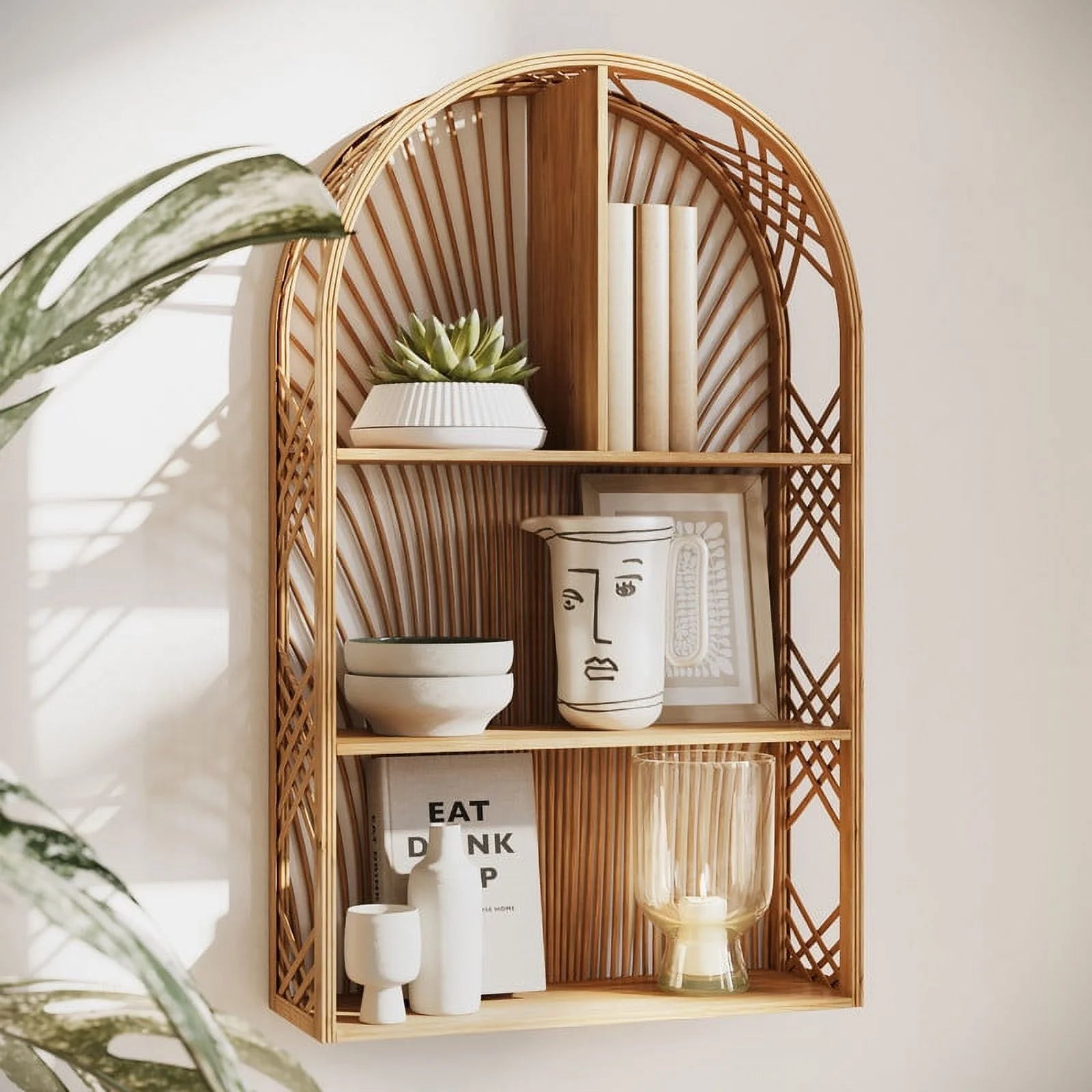 Harmony Brown Arch Rattan Boho Tiered Wall Shelf