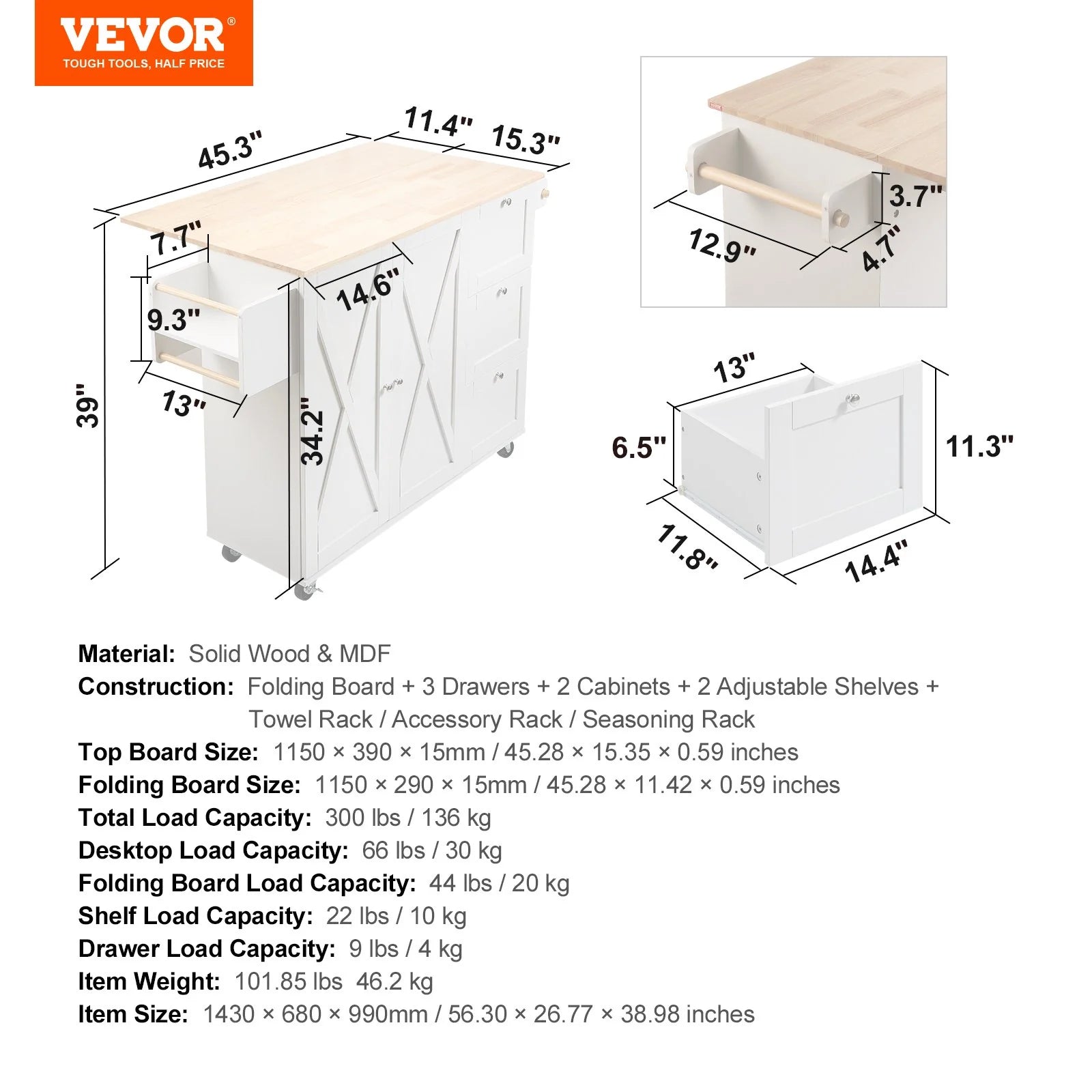 VEVOR Kitchen Island Cart with Solid Wood Top, 45.3 Width Mobile Carts with Storage Cabinet, Rolling Kitchen Table with Spice Rack, Towel Rack, Drop Leaf and Drawer, Portable Islands on Wheels, White