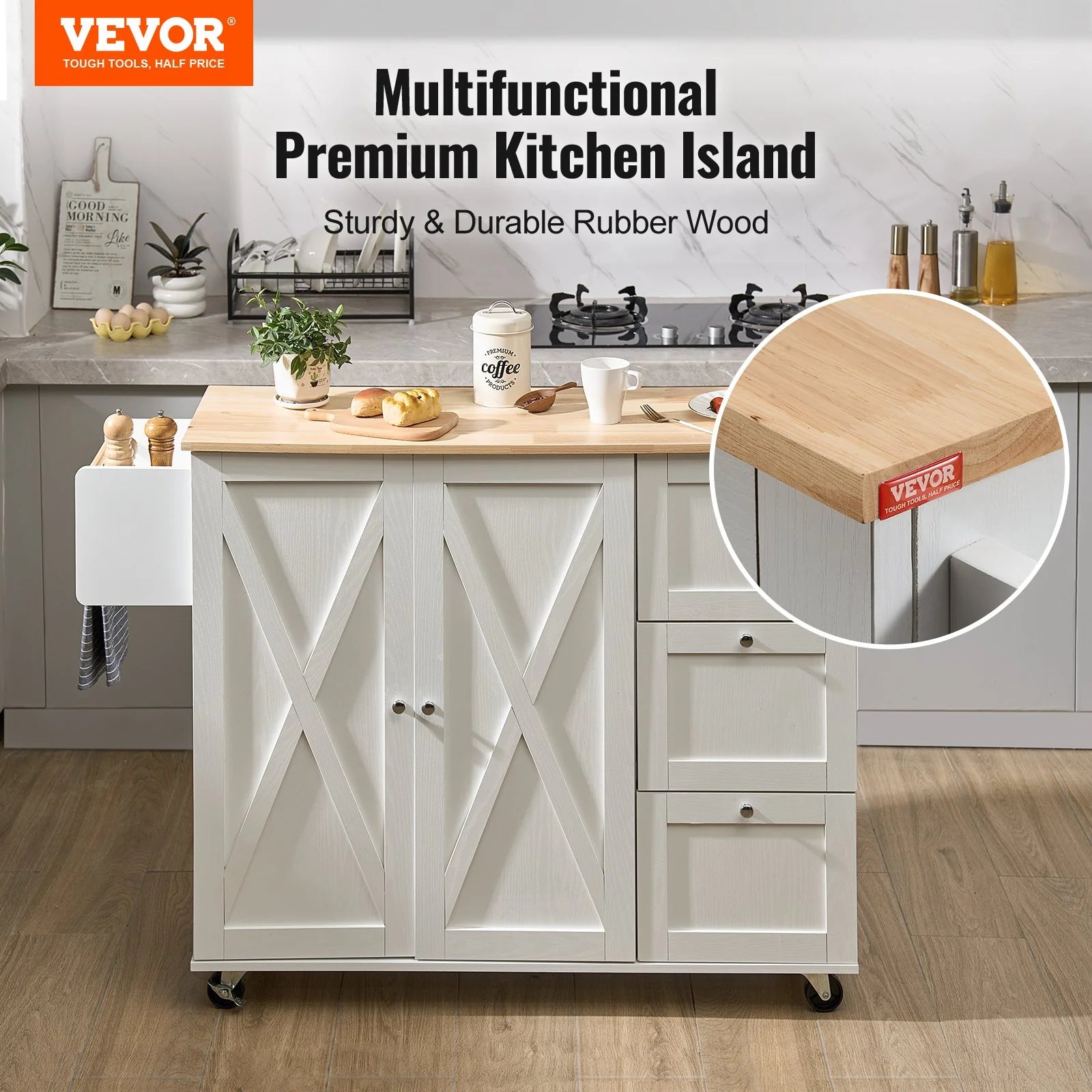 VEVOR Kitchen Island Cart with Solid Wood Top, 45.3 Width Mobile Carts with Storage Cabinet, Rolling Kitchen Table with Spice Rack, Towel Rack, Drop Leaf and Drawer, Portable Islands on Wheels, White