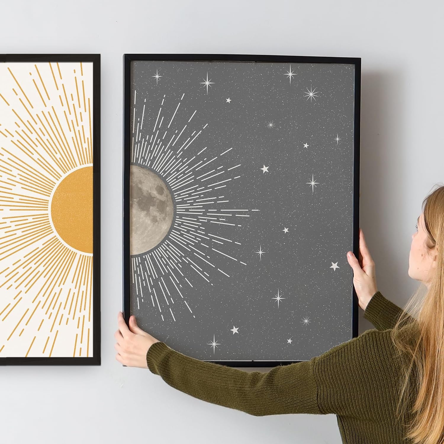 Sun Moon Boho Wall Decor, 2 Set 12X16 Inch Celestial Posters, Mid Century Modern Prints for Wall Art, Wall Decor for Bedroom