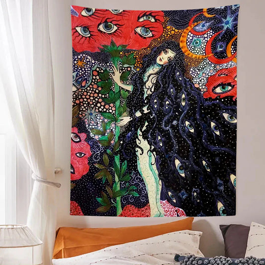 Psychedelic Girl Tapestry Wall Hanging Botanical Celestial Floral Tapestry Hippie Eye Wall Carpets Dorm Decor Starry Skycarpet