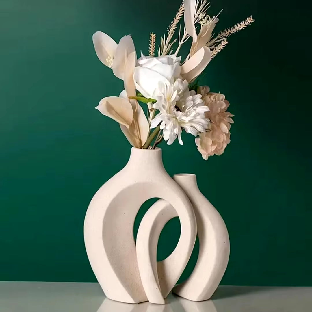 White Ceramic Vase Set of 2 for Modern Home Decor,Boho Donut Vases Nordic Minimalist Decor Vase