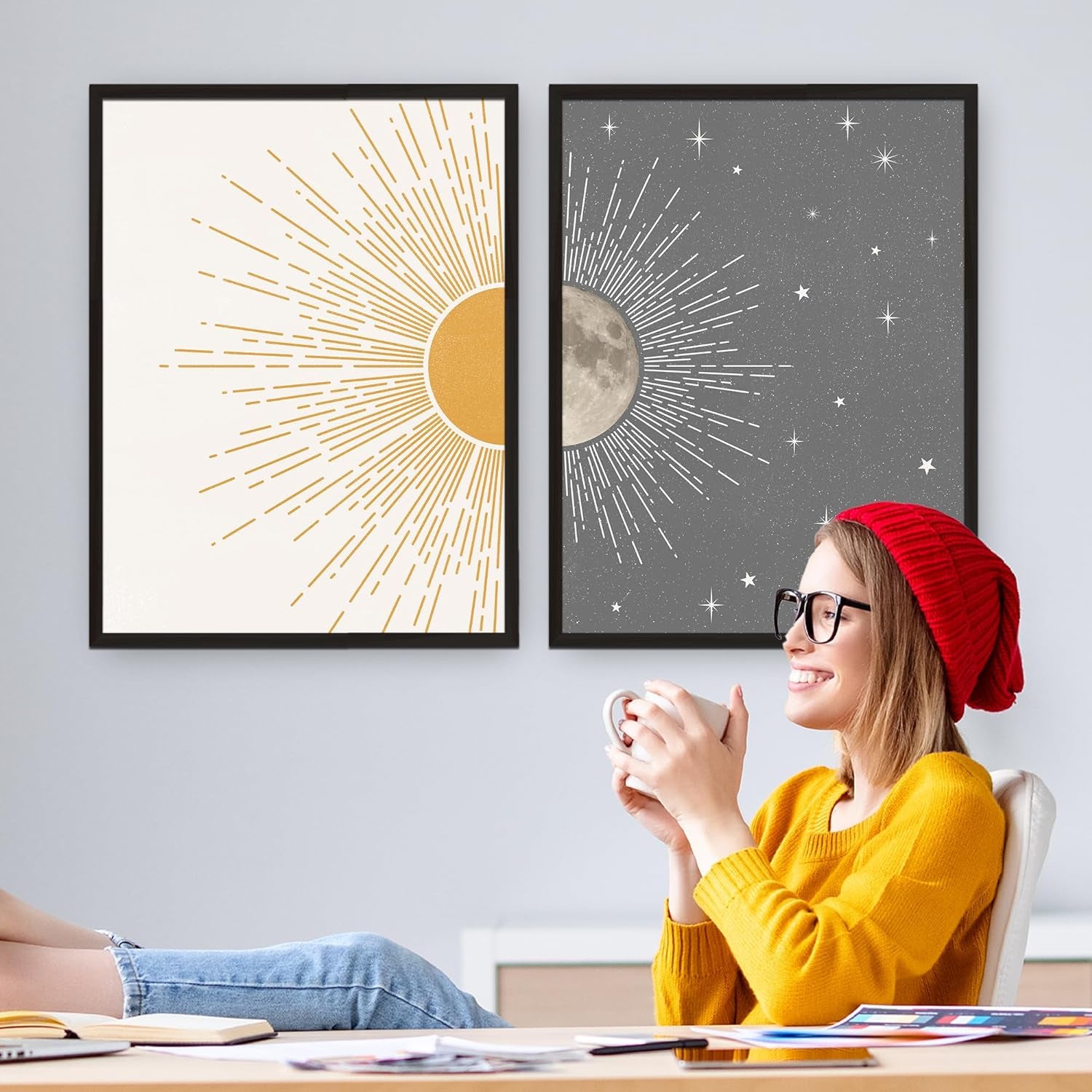 Sun Moon Boho Wall Decor, 2 Set 12X16 Inch Celestial Posters, Mid Century Modern Prints for Wall Art, Wall Decor for Bedroom