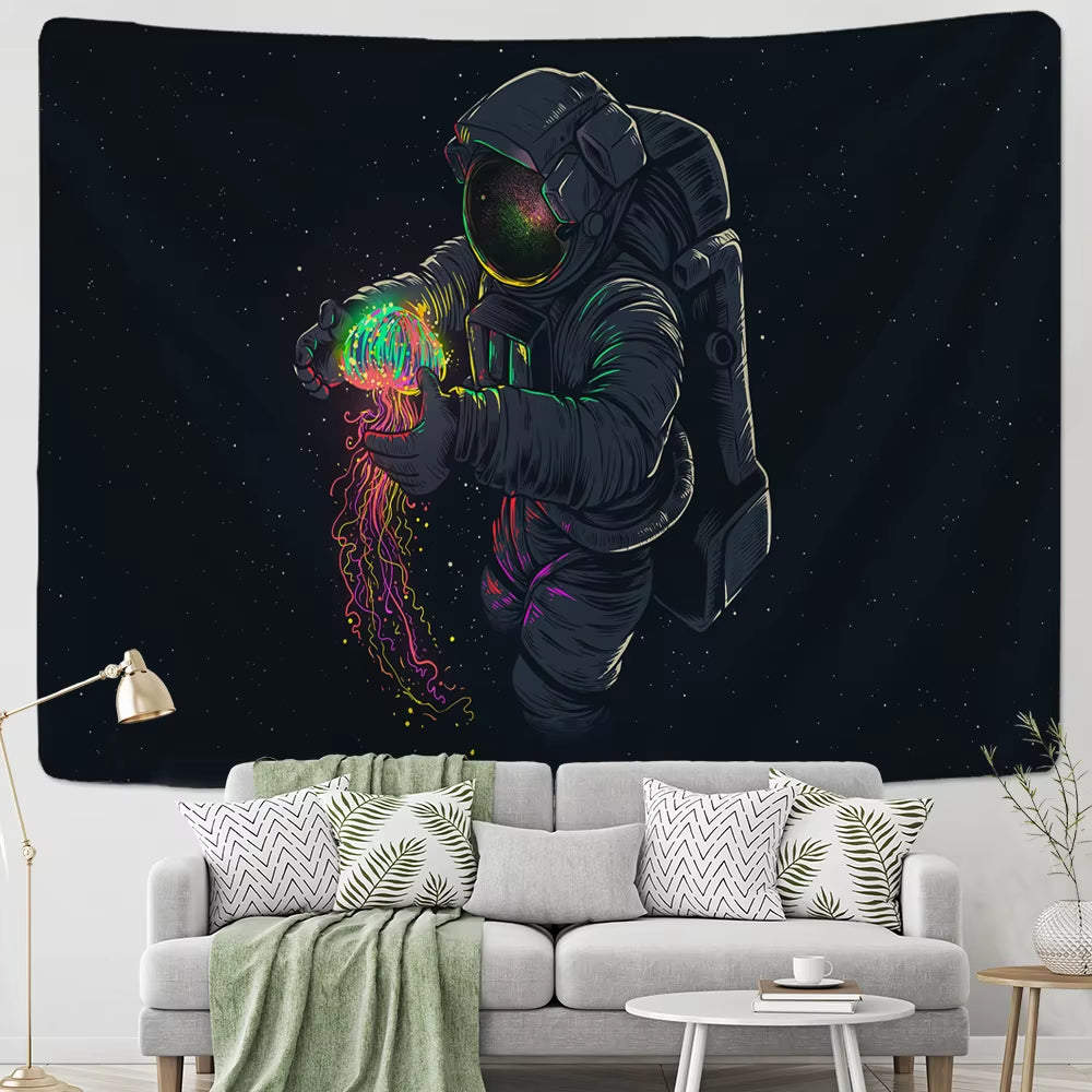 Astronaut Wall Tapestry with Black Background Colour Jellyfish Interstellar Sky Tapestry Wall Hnaging Hippie Boho Dorm Decor