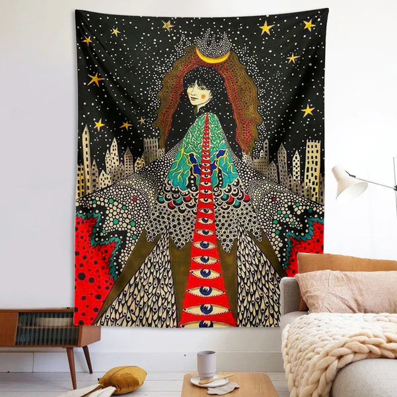 Psychedelic Girl Tapestry Wall Hanging Botanical Celestial Floral Tapestry Hippie Eye Wall Carpets Dorm Decor Starry Skycarpet