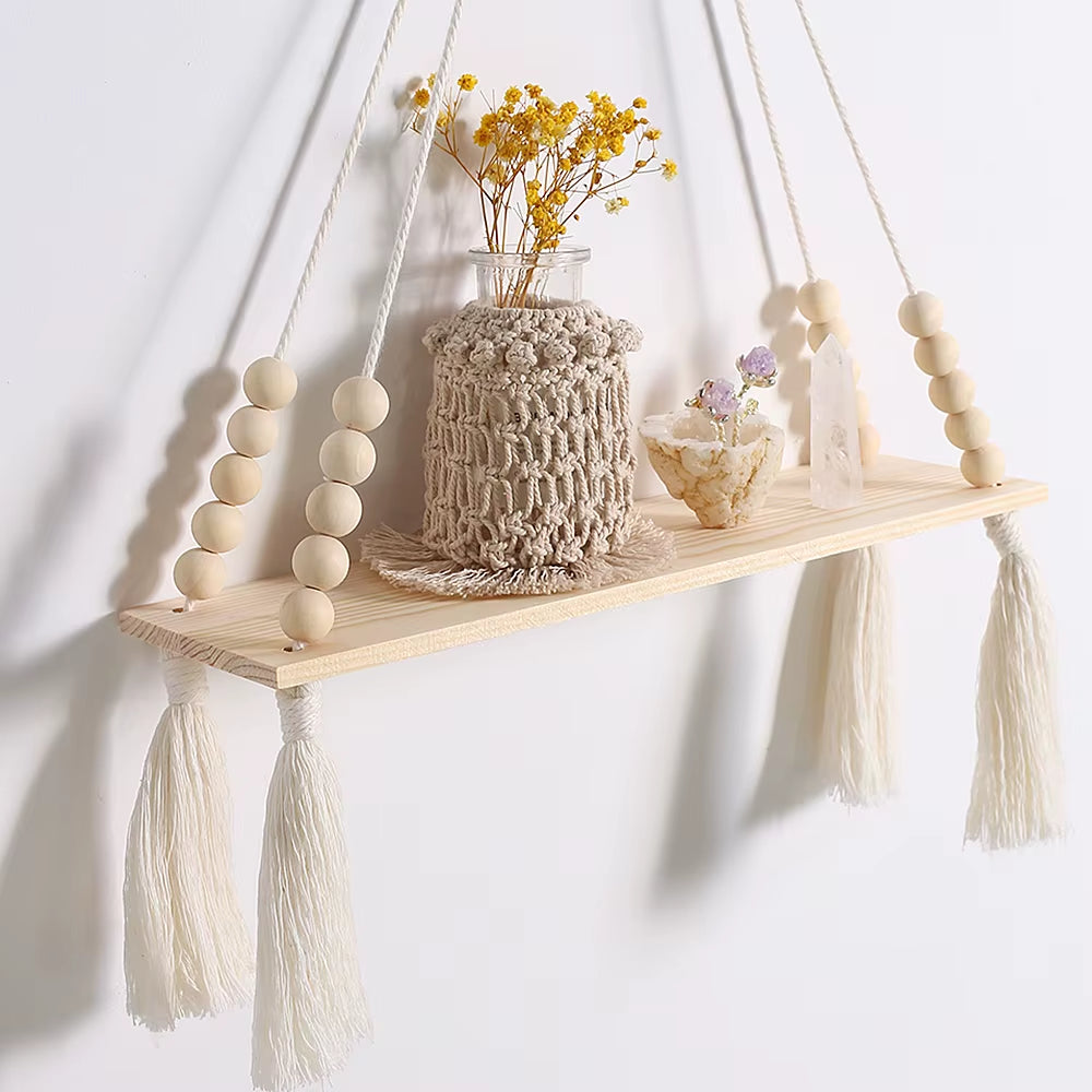 2Pcs Wooden Wall Shelf Wood Beads Macrame Leaf Floating Shelves Nordic Rome Decor Hanging Display Shelf Boho Home Decorations
