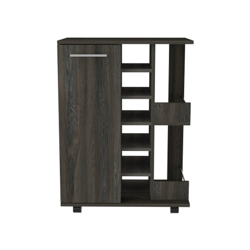 Bar Cart, Two External Shelves, Four Casters, Six Built-In Wine Rack, Single Door Cabinet -Espresso