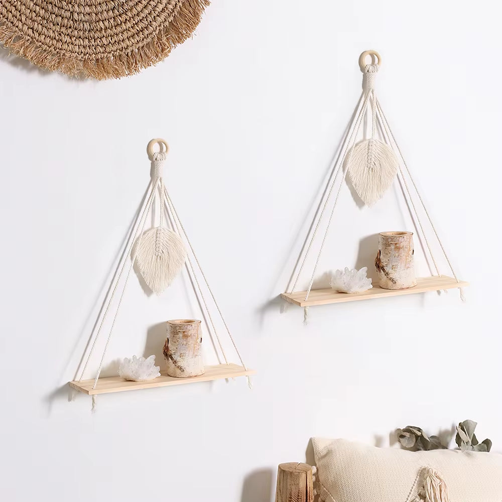 2Pcs Wooden Wall Shelf Wood Beads Macrame Leaf Floating Shelves Nordic Rome Decor Hanging Display Shelf Boho Home Decorations