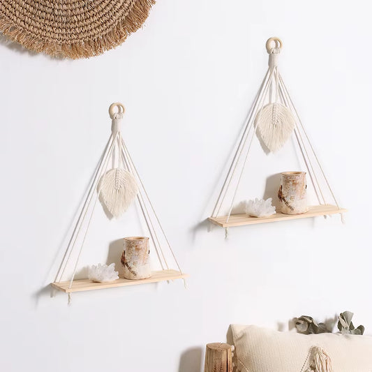 2Pcs Wooden Wall Shelf Wood Beads Macrame Leaf Floating Shelves Nordic Rome Decor Hanging Display Shelf Boho Home Decorations