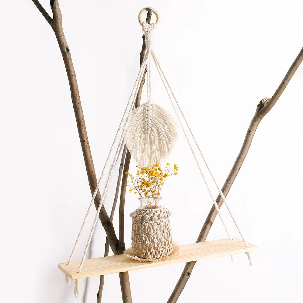 2Pcs Wooden Wall Shelf Wood Beads Macrame Leaf Floating Shelves Nordic Rome Decor Hanging Display Shelf Boho Home Decorations