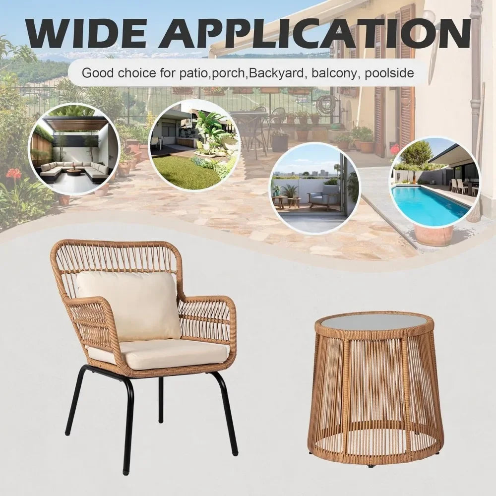 3 Piece Outdoor Wicker Furniture Bistro Set, Rattan Chairs Conversation Sets Porch Furniture, Wicker Patio Furniture