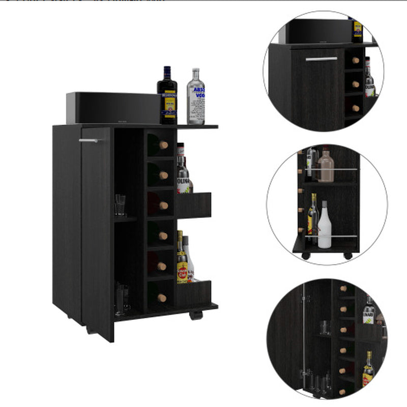 Bar Cart, Two External Shelves, Four Casters, Six Built-In Wine Rack, Single Door Cabinet -Espresso