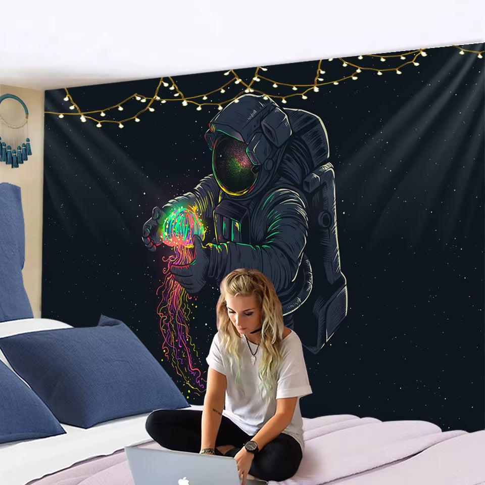 Astronaut Wall Tapestry with Black Background Colour Jellyfish Interstellar Sky Tapestry Wall Hnaging Hippie Boho Dorm Decor