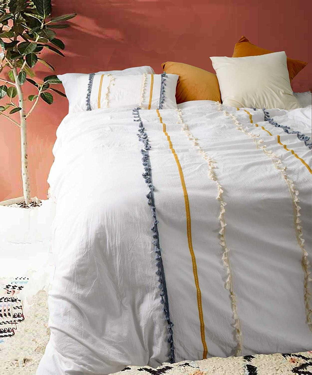Boho Duvet Cover Cotton Bedding Twin White Comforter, 90In X 68In
