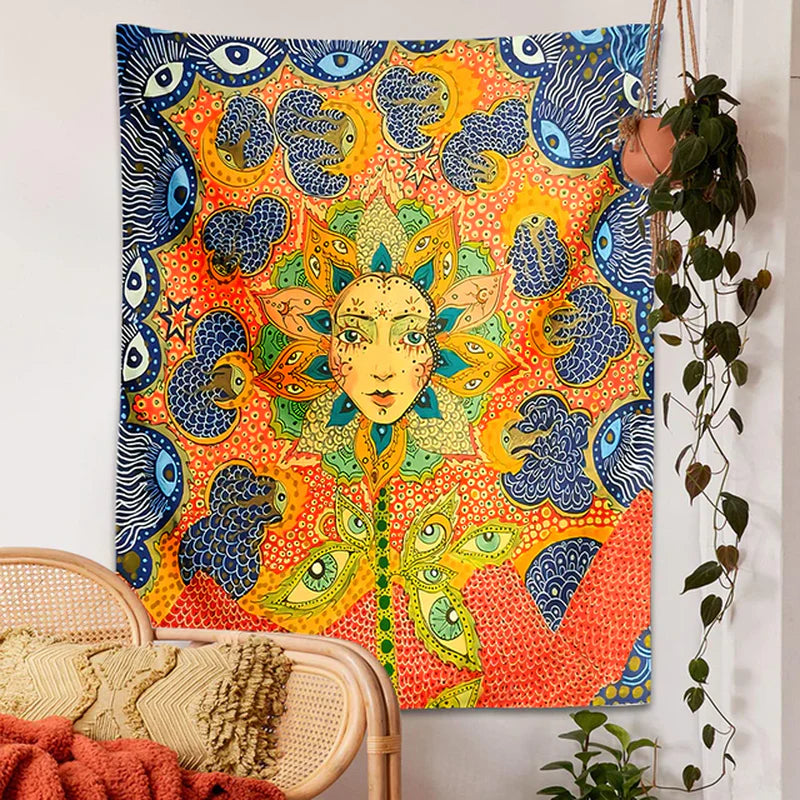 Psychedelic Girl Tapestry Wall Hanging Botanical Celestial Floral Tapestry Hippie Eye Wall Carpets Dorm Decor Starry Skycarpet