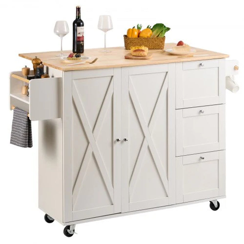 VEVOR Kitchen Island Cart with Solid Wood Top, 45.3 Width Mobile Carts with Storage Cabinet, Rolling Kitchen Table with Spice Rack, Towel Rack, Drop Leaf and Drawer, Portable Islands on Wheels, White
