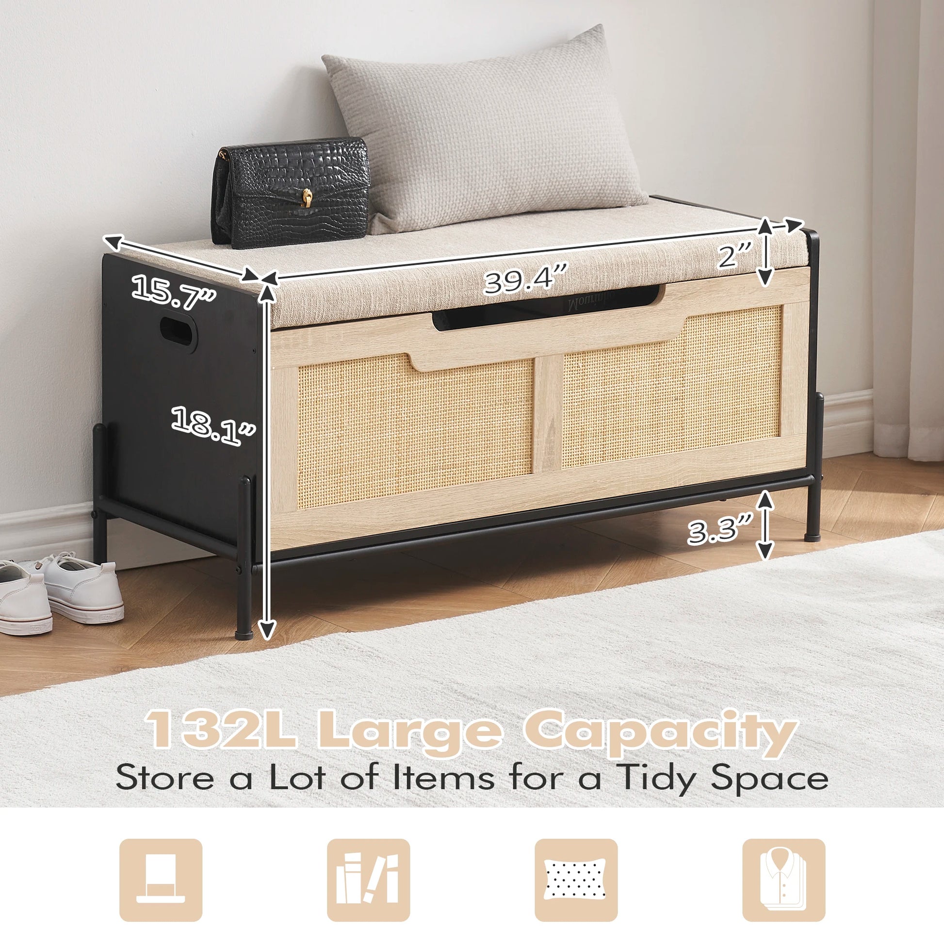 Vine+Wooden Board+Iron Rattan Woven Storage Box Stool Furniture