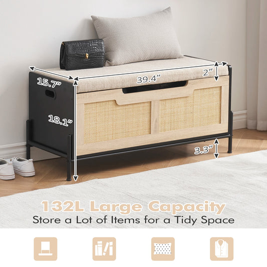 Vine+Wooden Board+Iron Rattan Woven Storage Box Stool Furniture