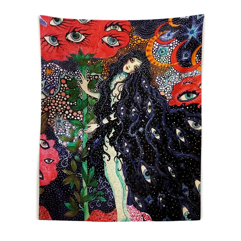 Psychedelic Girl Tapestry Wall Hanging Botanical Celestial Floral Tapestry Hippie Eye Wall Carpets Dorm Decor Starry Skycarpet