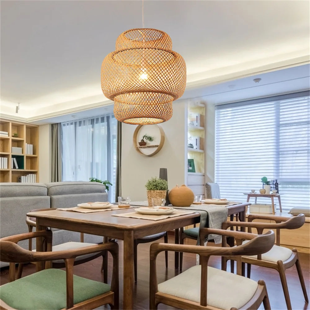 Classic Bamboo Weaving Chandelier Lamp Handmade Pendant Lamp Hanging Led Ceiling Fixtures Rattan Woven Home Bedroom Decors