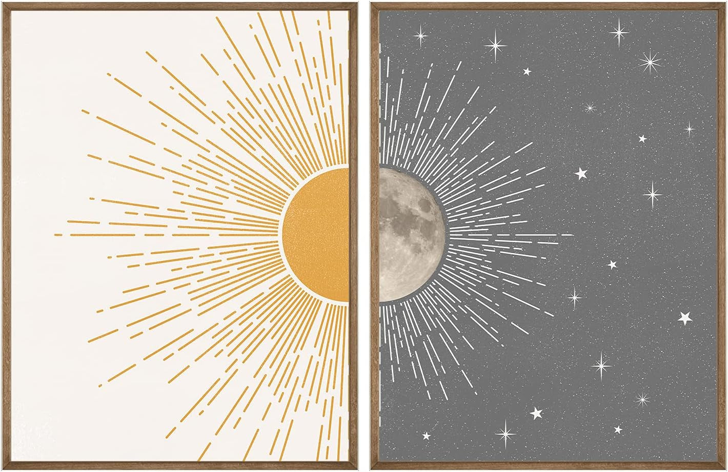 Sun Moon Boho Wall Decor, 2 Set 12X16 Inch Celestial Posters, Mid Century Modern Prints for Wall Art, Wall Decor for Bedroom
