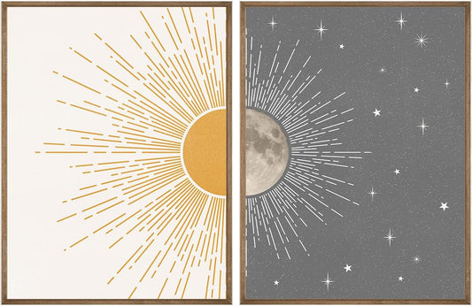 Sun Moon Boho Wall Decor, 2 Set 12X16 Inch Celestial Posters, Mid Century Modern Prints for Wall Art, Wall Decor for Bedroom