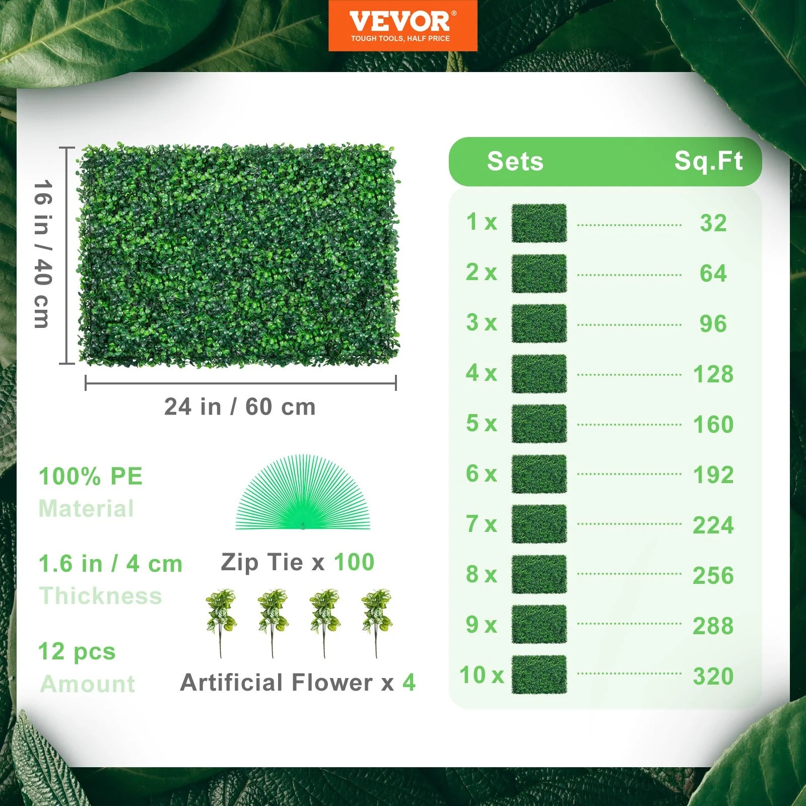 VEVOR 12PCS 24X16 Grass Wall Panels for 32 SQ Feet, Boxwood Hedge Wall Panels, Artificial Grass Backdrop Wall 1.6, Privacy Hedge Screen UV Protected for Outdoor Indoor Garden Fence Backyard
