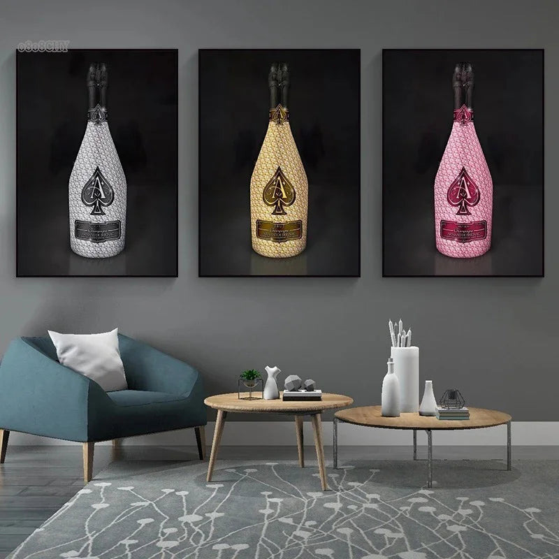 Fashion Luxury Champagne Bottle Art Canvas Painting Prints Poster Wall Art Printing Picture Luxurious Bar Home Dining Room Decor