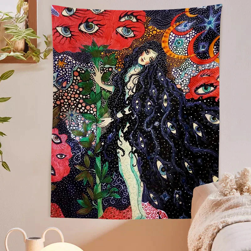 Psychedelic Girl Tapestry Wall Hanging Botanical Celestial Floral Tapestry Hippie Eye Wall Carpets Dorm Decor Starry Skycarpet