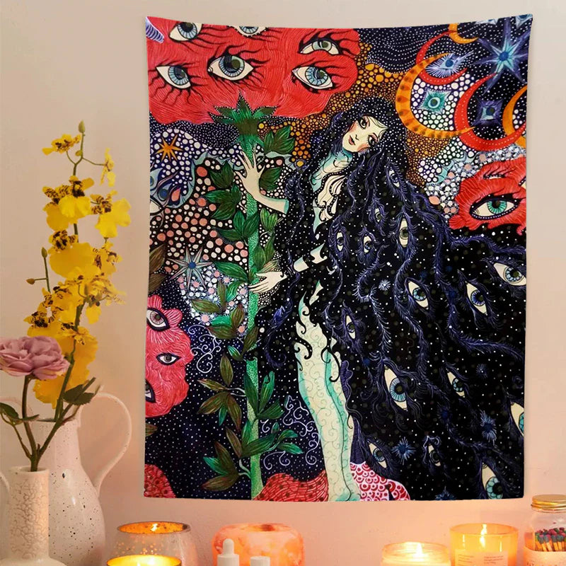 Psychedelic Girl Tapestry Wall Hanging Botanical Celestial Floral Tapestry Hippie Eye Wall Carpets Dorm Decor Starry Skycarpet