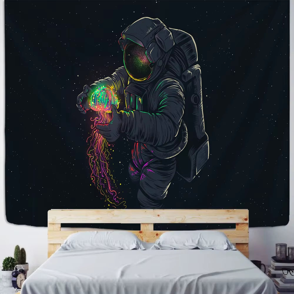 Astronaut Wall Tapestry with Black Background Colour Jellyfish Interstellar Sky Tapestry Wall Hnaging Hippie Boho Dorm Decor