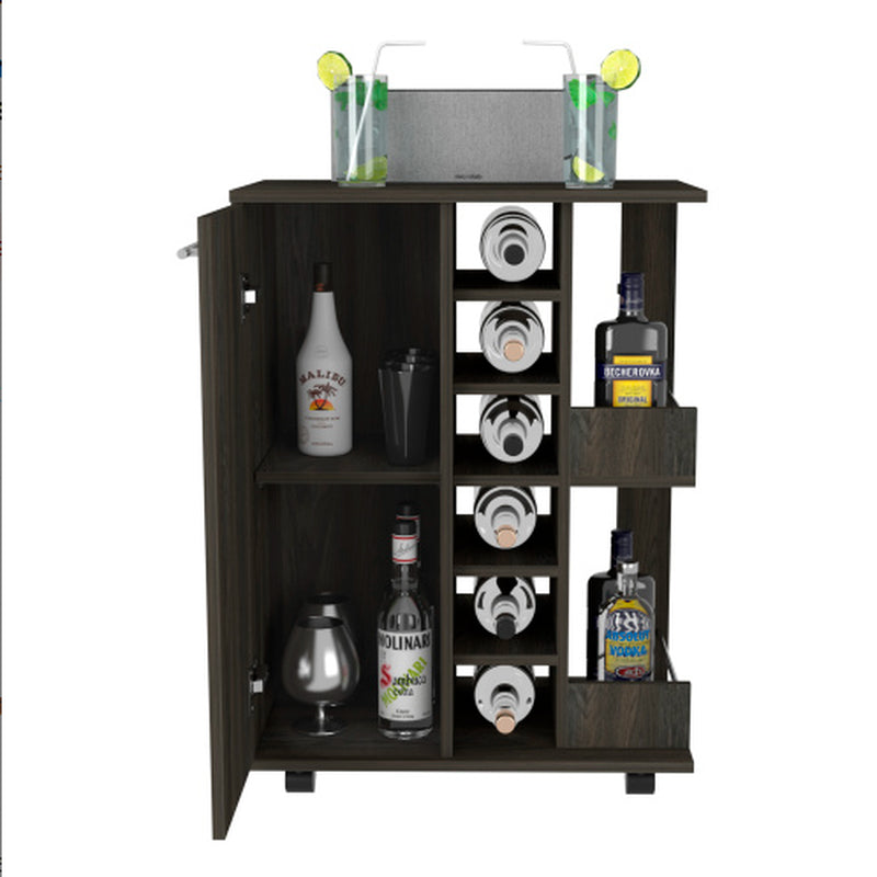 Bar Cart, Two External Shelves, Four Casters, Six Built-In Wine Rack, Single Door Cabinet -Espresso