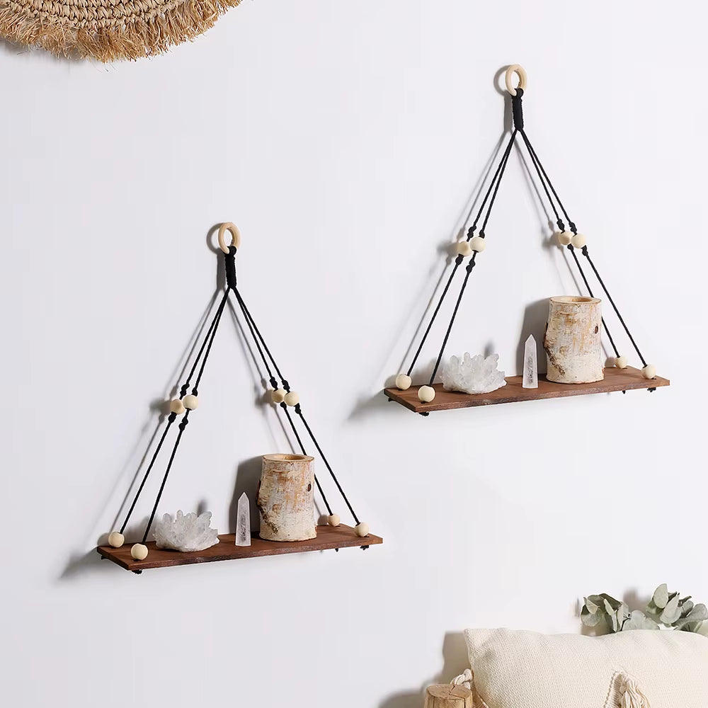 2Pcs Wooden Wall Shelf Wood Beads Macrame Leaf Floating Shelves Nordic Rome Decor Hanging Display Shelf Boho Home Decorations