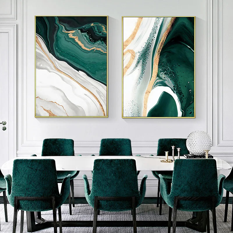 Abstract Green Marble Canvas Poster Prints Golden Foil Art Geometry Wall Picture Painting Living Room Office Decor Aesthetic