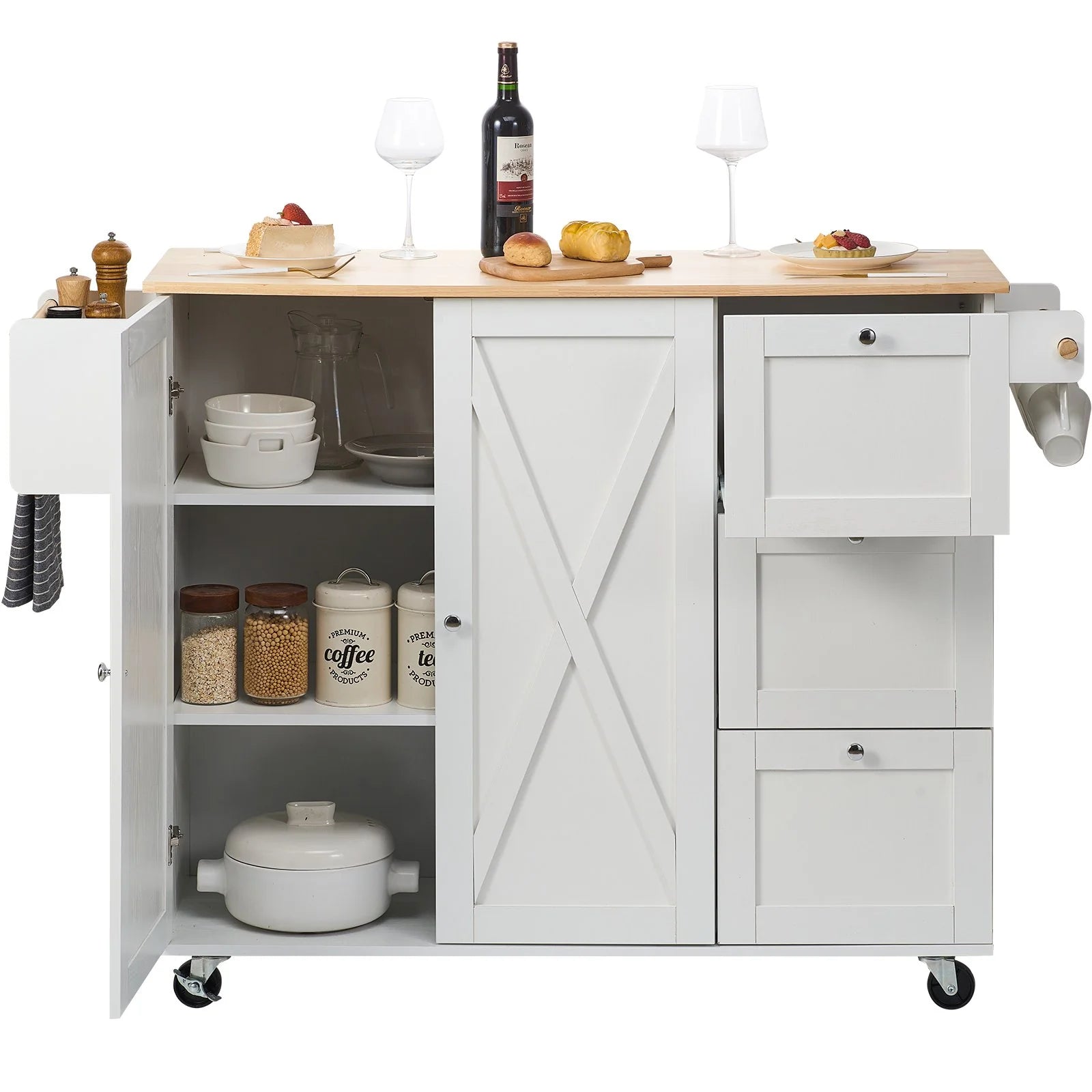 VEVOR Kitchen Island Cart with Solid Wood Top, 45.3 Width Mobile Carts with Storage Cabinet, Rolling Kitchen Table with Spice Rack, Towel Rack, Drop Leaf and Drawer, Portable Islands on Wheels, White