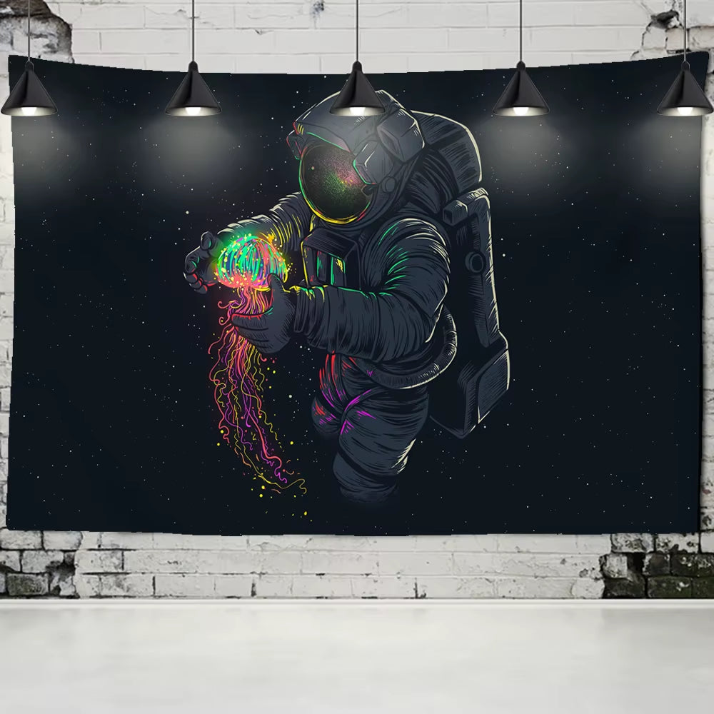 Astronaut Wall Tapestry with Black Background Colour Jellyfish Interstellar Sky Tapestry Wall Hnaging Hippie Boho Dorm Decor