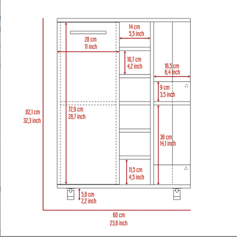 Bar Cart, Two External Shelves, Four Casters, Six Built-In Wine Rack, Single Door Cabinet -Espresso