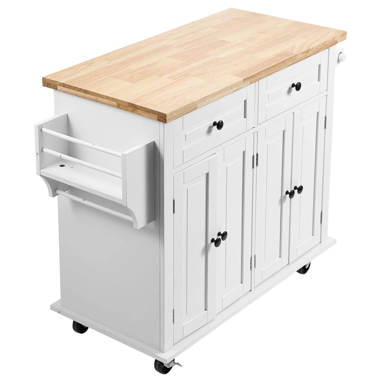 VEVOR Kitchen Island Cart with Solid Wood Top, 35.4 Width Mobile Carts with Storage Cabinet, Rolling Kitchen Table with Spice Rack, Towel Rack, and Drawer, Portable Islands on Wheels, White