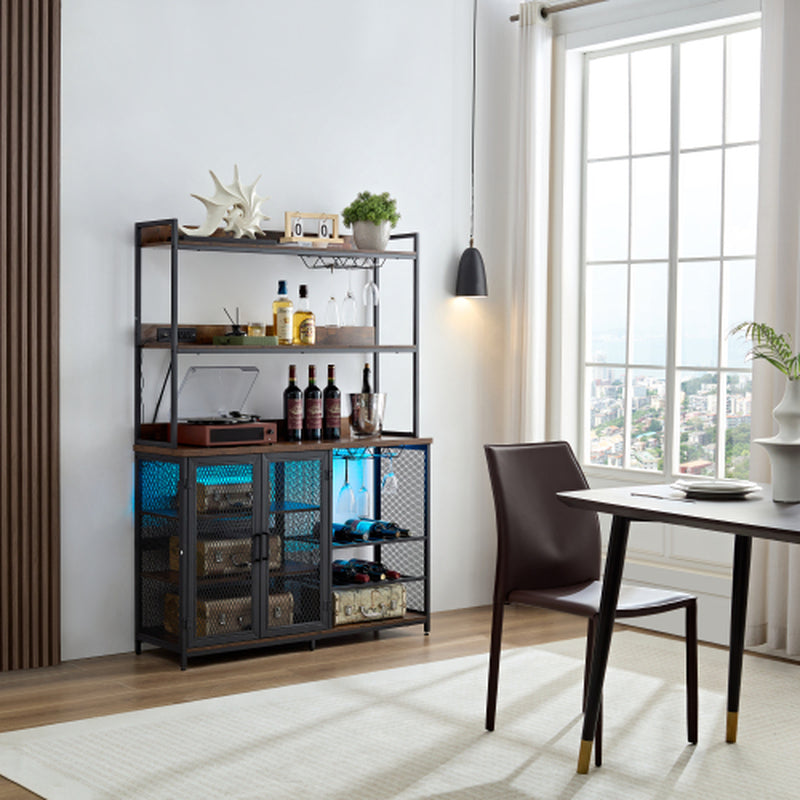Coffee Bar Cabinet with Power Outlet, 3 Floor Wine Cooler Bar Counter for Home, Dining Room, Kitchen, Vintage Brown