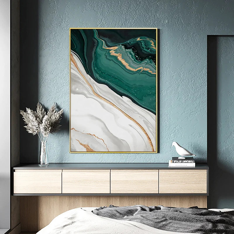 Abstract Green Marble Canvas Poster Prints Golden Foil Art Geometry Wall Picture Painting Living Room Office Decor Aesthetic