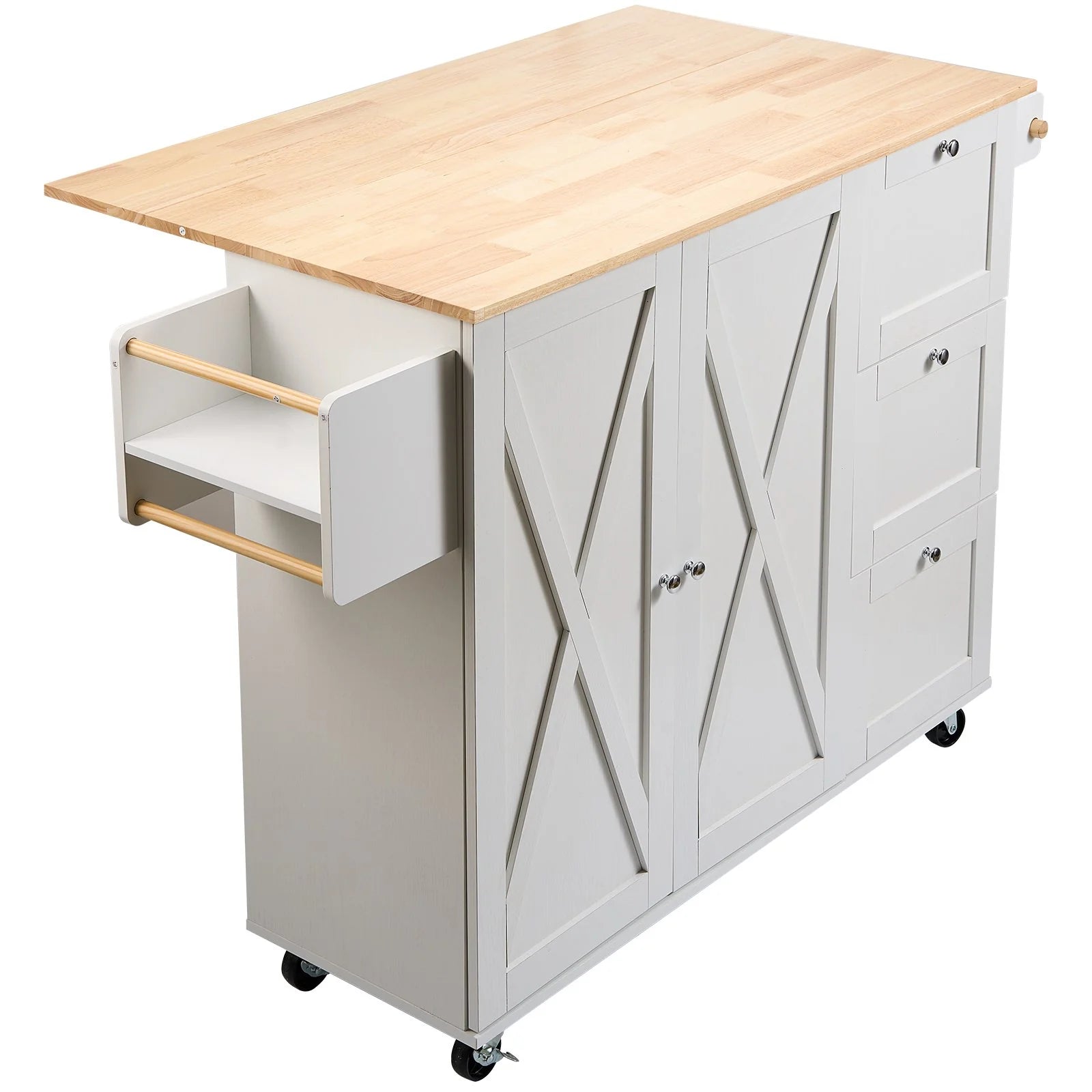 VEVOR Kitchen Island Cart with Solid Wood Top, 45.3 Width Mobile Carts with Storage Cabinet, Rolling Kitchen Table with Spice Rack, Towel Rack, Drop Leaf and Drawer, Portable Islands on Wheels, White
