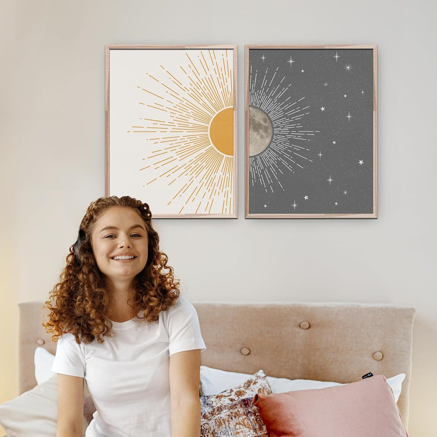 Sun Moon Boho Wall Decor, 2 Set 12X16 Inch Celestial Posters, Mid Century Modern Prints for Wall Art, Wall Decor for Bedroom