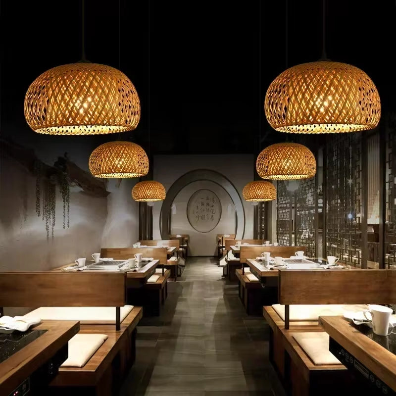 Bamboo Lampshade Led Pendant Lamp Natural Rattan Wicker Ceiling Chandeliers Hand Woven E27 Lighting Fixtures Hanging Light
