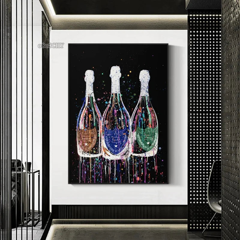 Fashion Luxury Champagne Bottle Art Canvas Painting Prints Poster Wall Art Printing Picture Luxurious Bar Home Dining Room Decor
