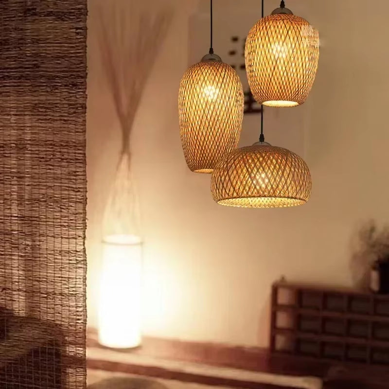 Bamboo Lampshade Led Pendant Lamp Natural Rattan Wicker Ceiling Chandeliers Hand Woven E27 Lighting Fixtures Hanging Light