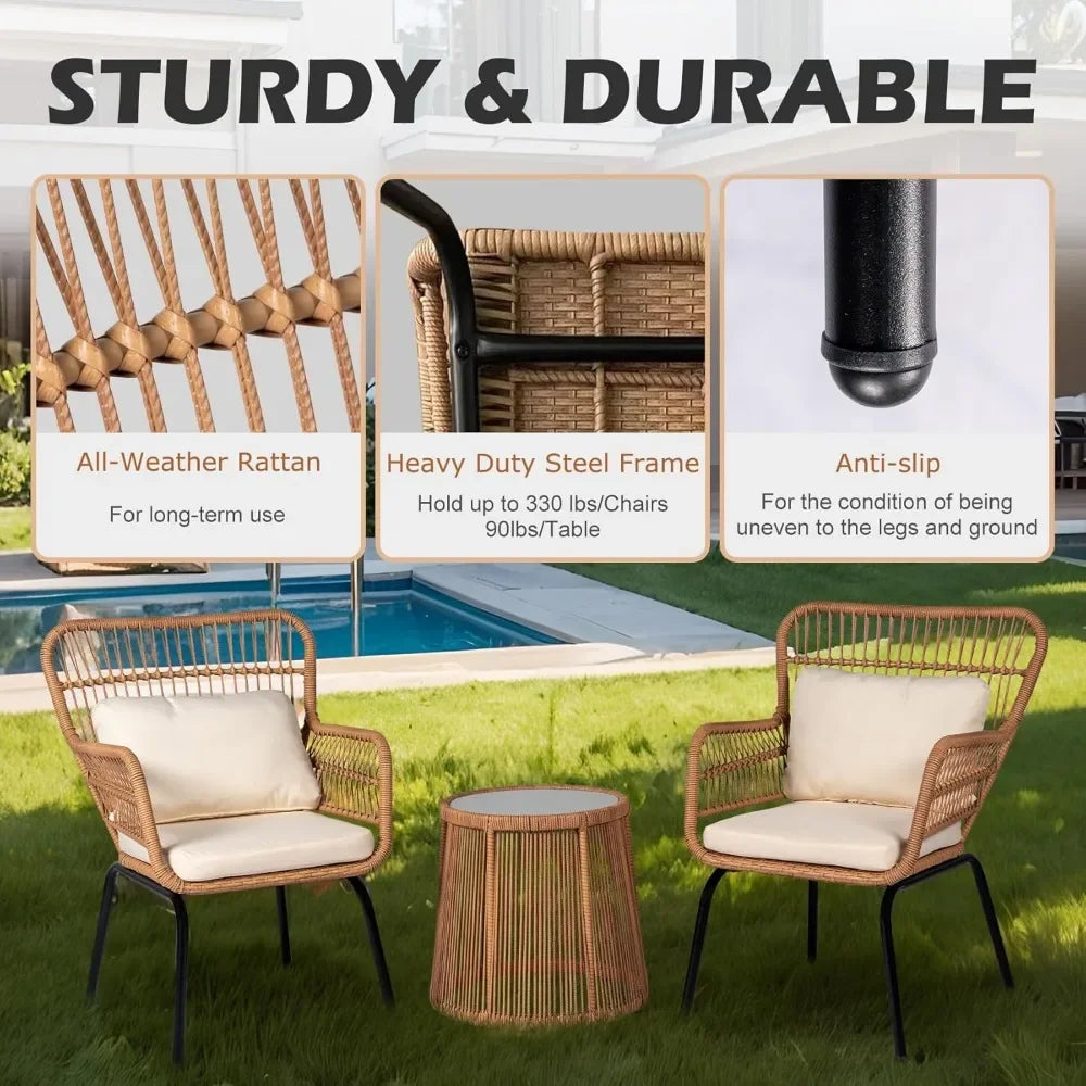 3 Piece Outdoor Wicker Furniture Bistro Set, Rattan Chairs Conversation Sets Porch Furniture, Wicker Patio Furniture